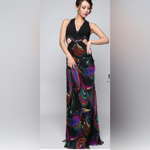 Le Femme Dresses & Skirts - Le Femme Multicolor Silk Evening Gown Size 8 Cut Out Train Beaded V Neck Prom